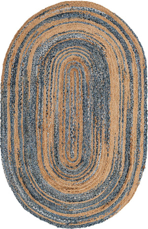 Blue and Natural 5' 1 x 8' Braided Chindi Oval Rug