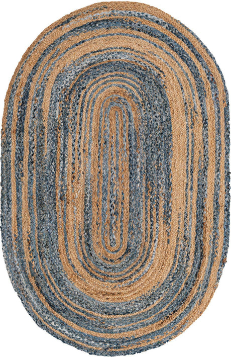 Blue and Natural 5' 1 x 8' Braided Chindi Oval Rug