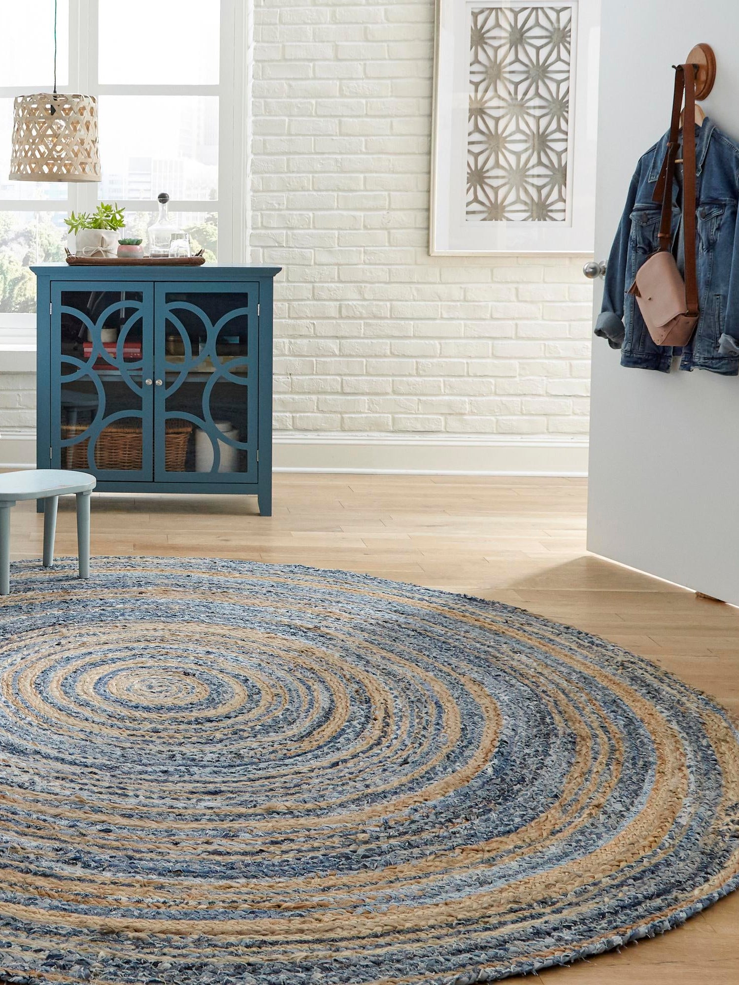Blue and Natural 8' x 8' Braided Chindi Round Area Rug 100% Cotton Hand Braided Natural Eco-Friendly Boho Style Modern Carpet for Living Rooms Dining Office Dorm for Sale at Rug Engine