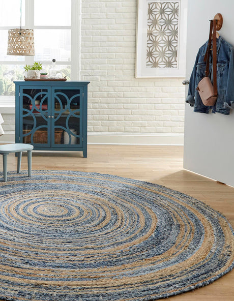 Blue and Natural 8' x 8' Braided Chindi Round Area Rug 100% Cotton Hand Braided Natural Eco-Friendly Boho Style Modern Carpet for Living Rooms Dining Office Dorm for Sale at Rug Engine