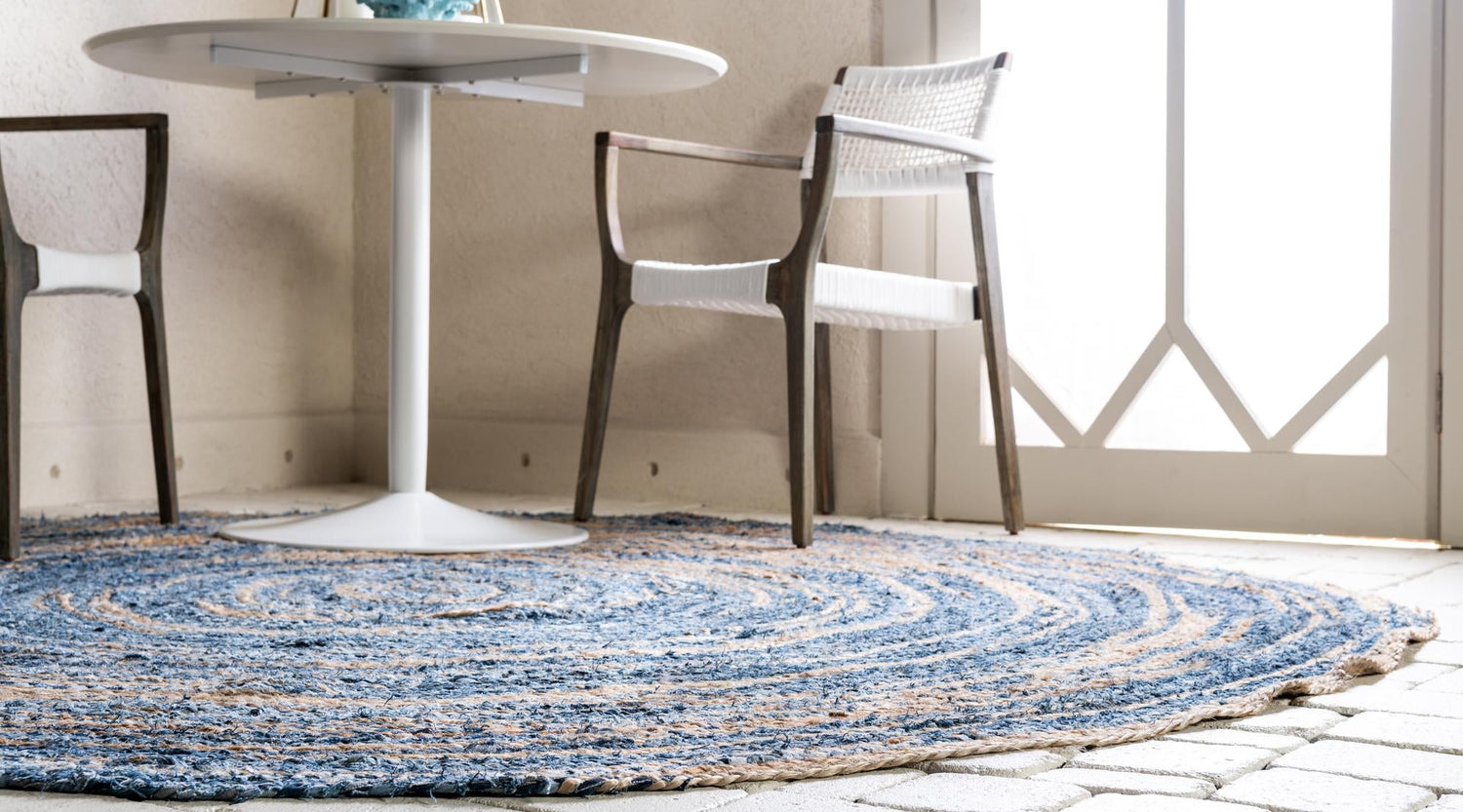 Blue and Natural 8' x 8' Braided Chindi Round Area Rug 100% Cotton Hand Braided Natural Eco-Friendly Boho Style Modern Carpet for Living Rooms Dining Office Dorm for Sale at Rug Engine