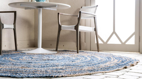Blue and Natural 8' x 8' Braided Chindi Round Area Rug 100% Cotton Hand Braided Natural Eco-Friendly Boho Style Modern Carpet for Living Rooms Dining Office Dorm for Sale at Rug Engine