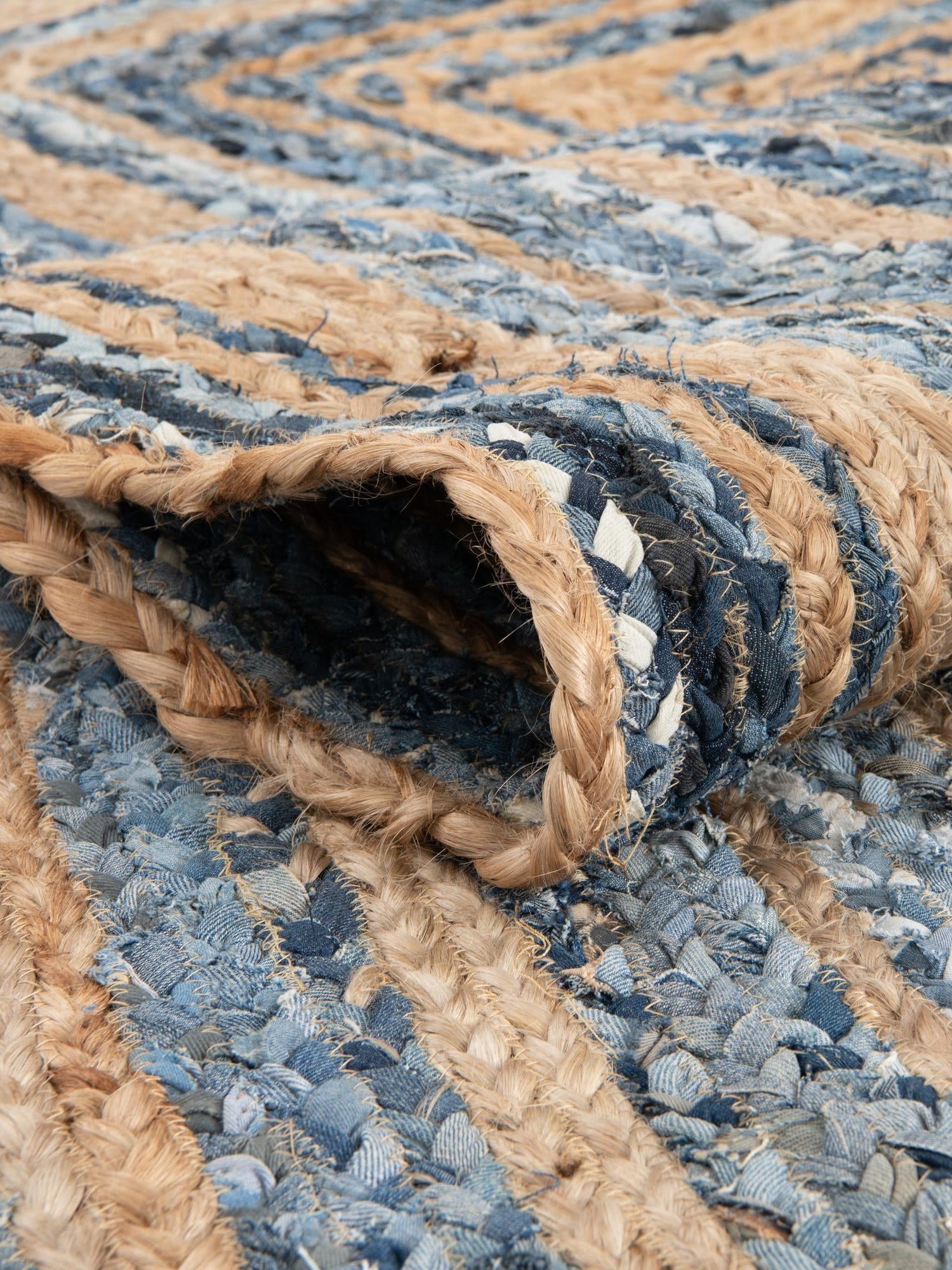 Blue and Natural 8' x 8' Braided Chindi Round Area Rug 100% Cotton Hand Braided Natural Eco-Friendly Boho Style Modern Carpet for Living Rooms Dining Office Dorm for Sale at Rug Engine