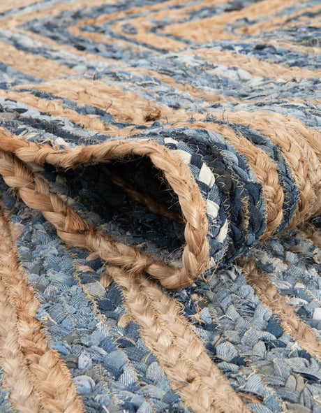 Blue and Natural 8' x 8' Braided Chindi Round Area Rug 100% Cotton Hand Braided Natural Eco-Friendly Boho Style Modern Carpet for Living Rooms Dining Office Dorm for Sale at Rug Engine