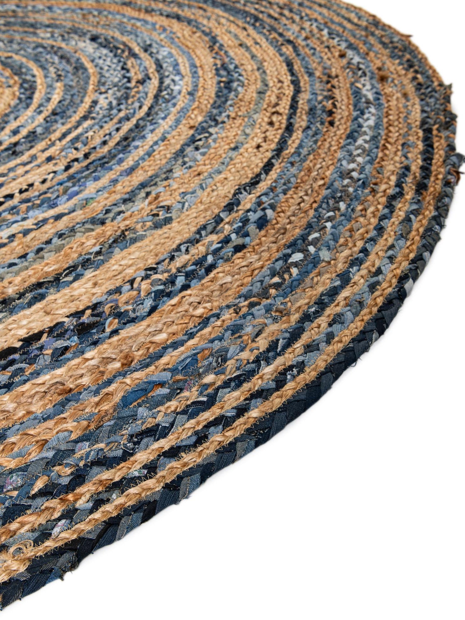 Blue and Natural 8' x 8' Braided Chindi Round Area Rug 100% Cotton Hand Braided Natural Eco-Friendly Boho Style Modern Carpet for Living Rooms Dining Office Dorm for Sale at Rug Engine