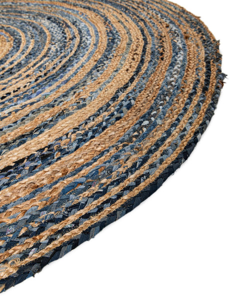 Blue and Natural 8' x 8' Braided Chindi Round Area Rug 100% Cotton Hand Braided Natural Eco-Friendly Boho Style Modern Carpet for Living Rooms Dining Office Dorm for Sale at Rug Engine