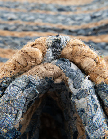Blue and Natural 8' x 8' Braided Chindi Round Area Rug 100% Cotton Hand Braided Natural Eco-Friendly Boho Style Modern Carpet for Living Rooms Dining Office Dorm for Sale at Rug Engine