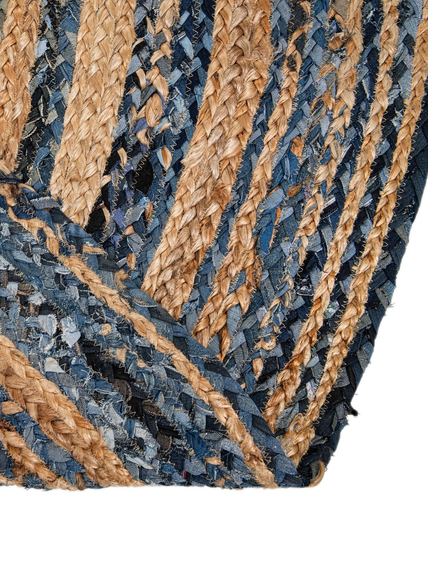 Blue and Natural 8' x 8' Braided Chindi Round Area Rug 100% Cotton Hand Braided Natural Eco-Friendly Boho Style Modern Carpet for Living Rooms Dining Office Dorm for Sale at Rug Engine
