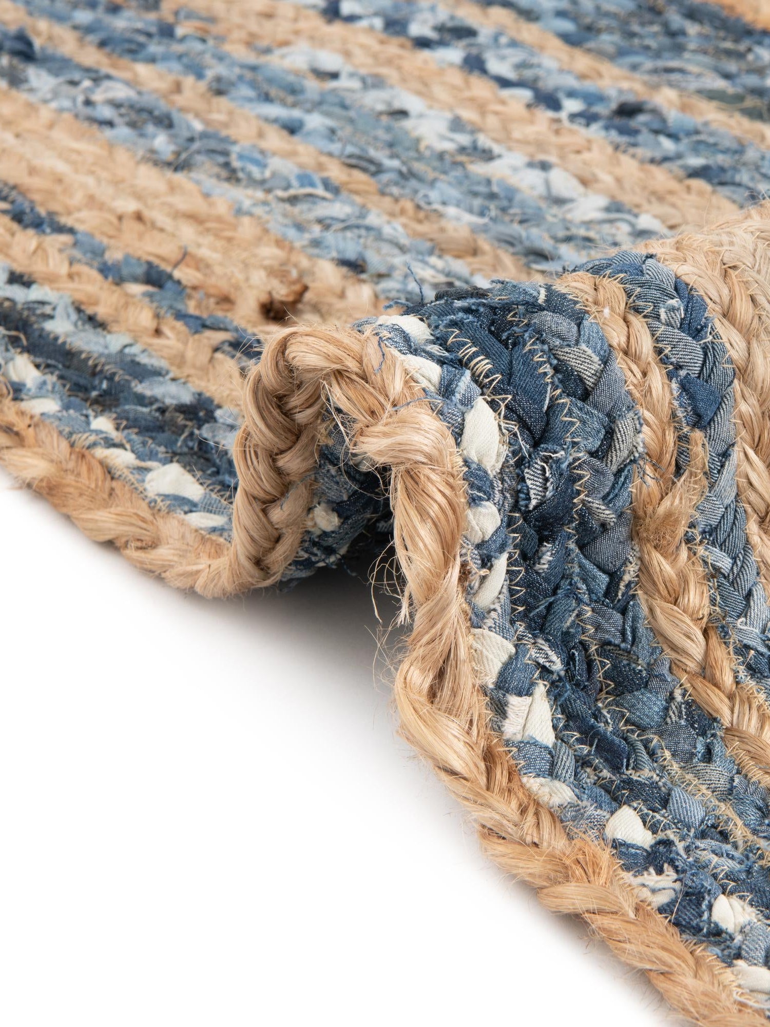 Blue and Natural 8' x 8' Braided Chindi Round Area Rug 100% Cotton Hand Braided Natural Eco-Friendly Boho Style Modern Carpet for Living Rooms Dining Office Dorm for Sale at Rug Engine