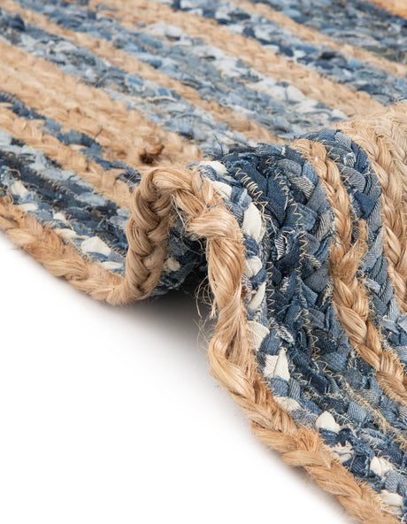 Blue and Natural 8' x 8' Braided Chindi Round Area Rug 100% Cotton Hand Braided Natural Eco-Friendly Boho Style Modern Carpet for Living Rooms Dining Office Dorm for Sale at Rug Engine