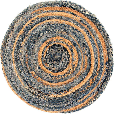 Blue and Natural 3' 3 x 3' 3 Braided Chindi Round Rug
