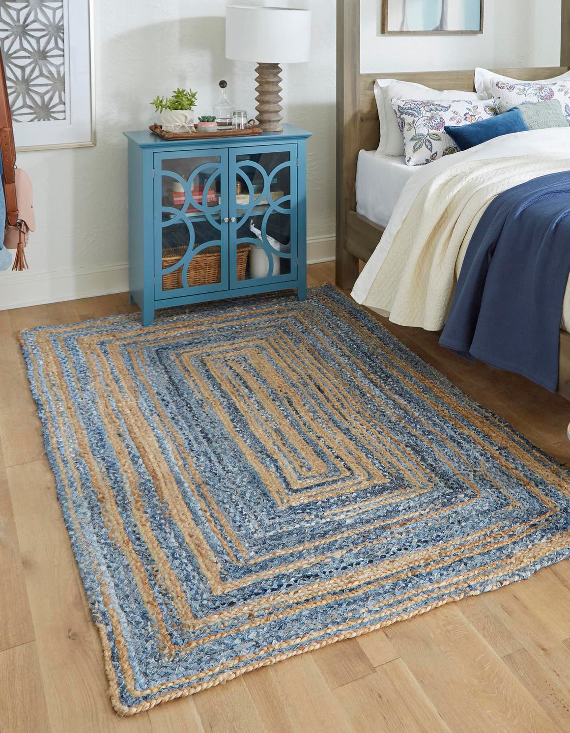 Blue and Natural 9' x 12' Braided Chindi Rectangle Area Rug 100% Cotton Hand Braided Natural Eco-Friendly Boho Style Modern Carpet for Living Rooms Dining Office Dorm for Sale at Rug Engine
