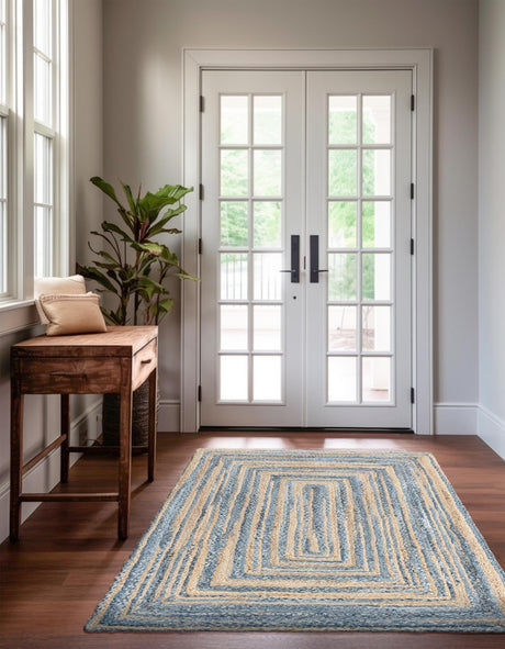 Blue and Natural 4' 1 x 6' 1 Braided Chindi Rectangle Area Rug 100% Cotton Hand Braided Natural Eco-Friendly Boho Style Modern Carpet for Living Rooms Dining Office Dorm for Sale at Rug Engine