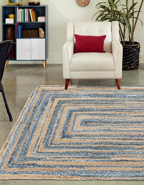Blue and Natural 6' 1 x 9' Braided Chindi Rectangle Area Rug 100% Cotton Hand Braided Natural Eco-Friendly Boho Style Modern Carpet for Living Rooms Dining Office Dorm for Sale at Rug Engine