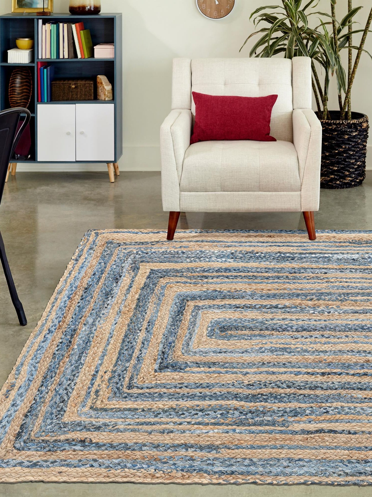 Blue and Natural 8' x 10' Braided Chindi Rectangle Area Rug 100% Cotton Hand Braided Natural Eco-Friendly Boho Style Modern Carpet for Living Rooms Dining Office Dorm for Sale at Rug Engine