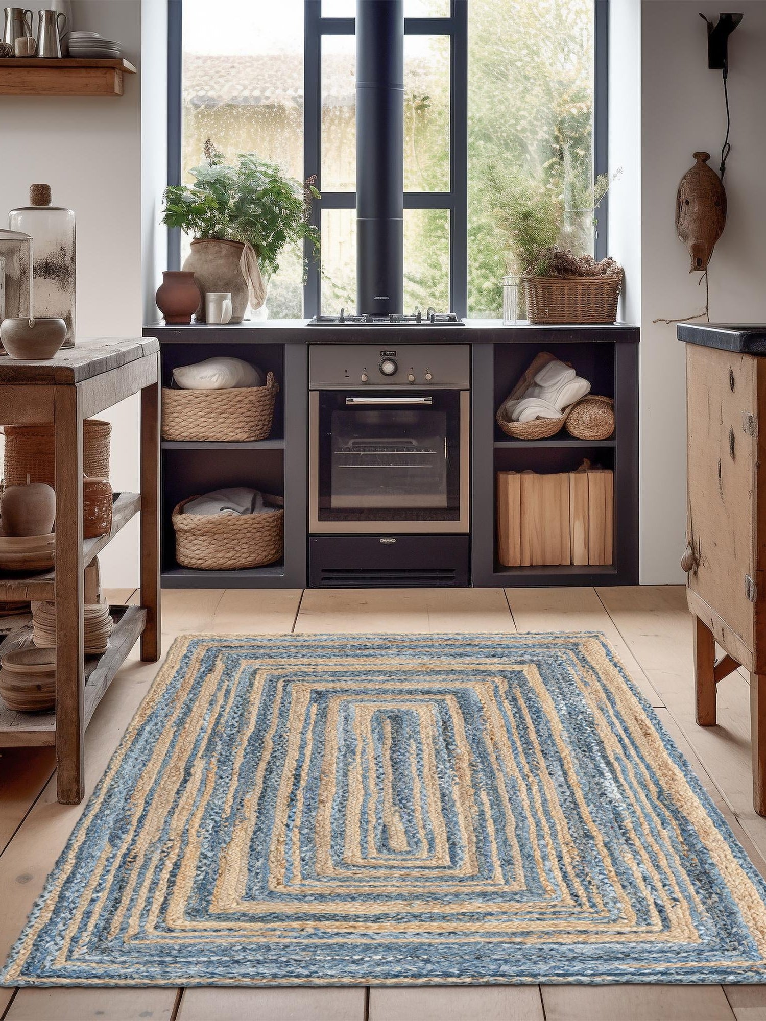 Blue and Natural 6' 1 x 9' Braided Chindi Rectangle Area Rug 100% Cotton Hand Braided Natural Eco-Friendly Boho Style Modern Carpet for Living Rooms Dining Office Dorm for Sale at Rug Engine