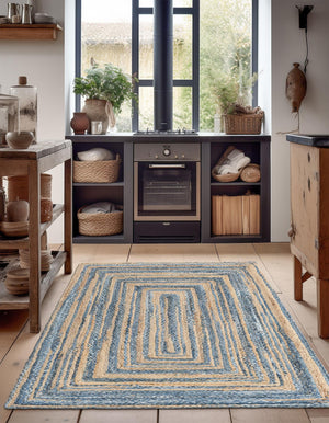 Blue and Natural 6' 1 x 9' Braided Chindi Rectangle Rug