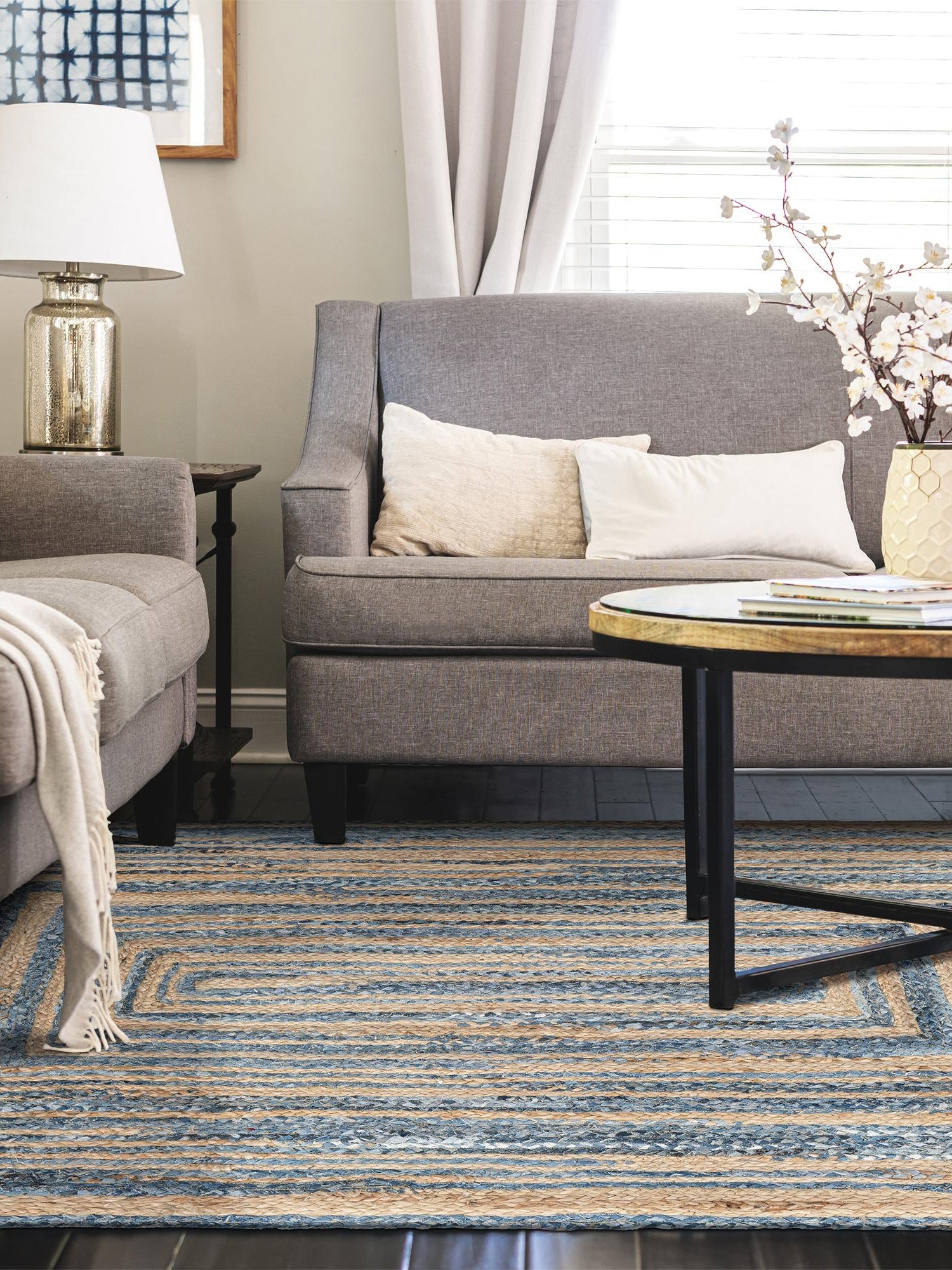 Blue and Natural 8' x 10' Braided Chindi Rectangle Area Rug 100% Cotton Hand Braided Natural Eco-Friendly Boho Style Modern Carpet for Living Rooms Dining Office Dorm for Sale at Rug Engine