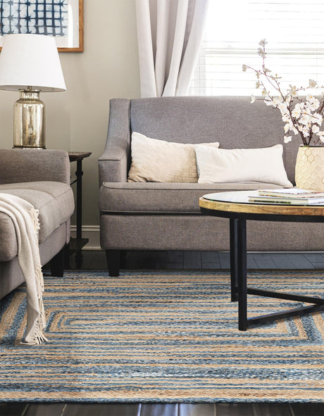 Blue and Natural 8' x 10' Braided Chindi Rectangle Area Rug 100% Cotton Hand Braided Natural Eco-Friendly Boho Style Modern Carpet for Living Rooms Dining Office Dorm for Sale at Rug Engine