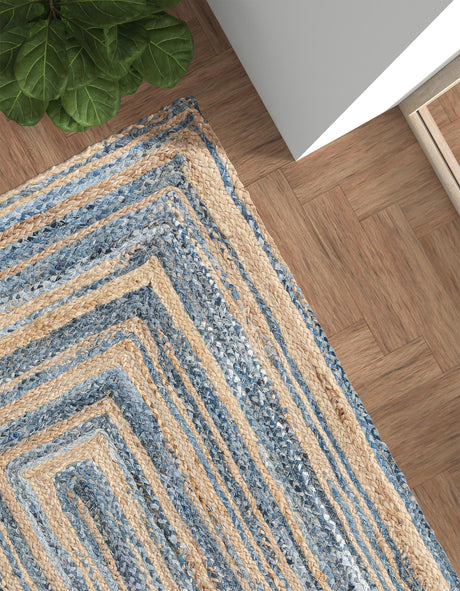 Blue and Natural 9' x 12' Braided Chindi Rectangle Area Rug 100% Cotton Hand Braided Natural Eco-Friendly Boho Style Modern Carpet for Living Rooms Dining Office Dorm for Sale at Rug Engine