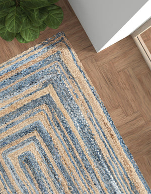 Blue and Natural 6' 1 x 9' Braided Chindi Rectangle Rug