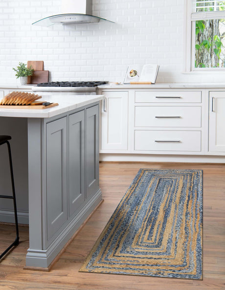 Blue and Natural 2' 6 x 6' 1 Braided Chindi Runner Area Rug 100% Cotton Hand Braided Natural Eco-Friendly Boho Style Modern Carpet for Living Rooms Dining Office Dorm for Sale at Rug Engine