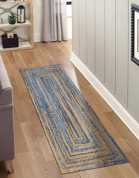 Blue and Natural 2' 6 x 6' 1 Braided Chindi Runner Area Rug 100% Cotton Hand Braided Natural Eco-Friendly Boho Style Modern Carpet for Living Rooms Dining Office Dorm for Sale at Rug Engine