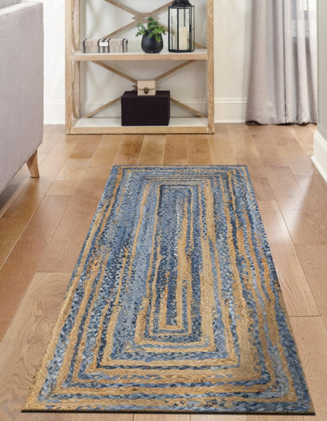 Blue and Natural 2' 6 x 6' 1 Braided Chindi Runner Area Rug 100% Cotton Hand Braided Natural Eco-Friendly Boho Style Modern Carpet for Living Rooms Dining Office Dorm for Sale at Rug Engine