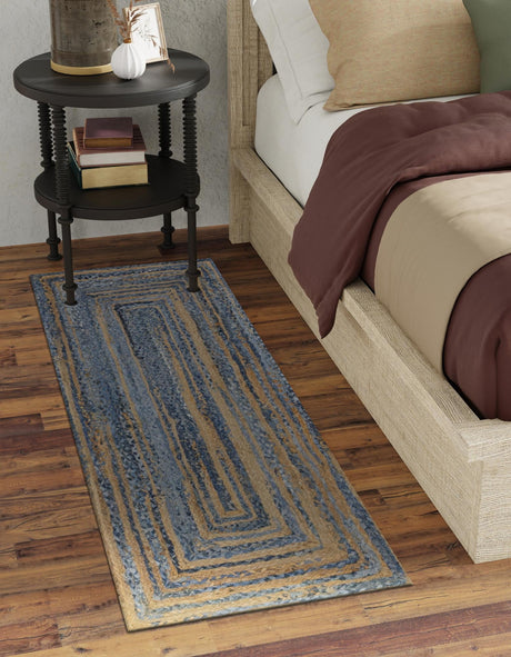Blue and Natural 2' 6 x 6' 1 Braided Chindi Runner Area Rug 100% Cotton Hand Braided Natural Eco-Friendly Boho Style Modern Carpet for Living Rooms Dining Office Dorm for Sale at Rug Engine