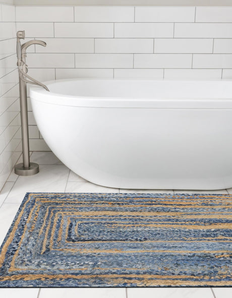 Blue and Natural 2' 6 x 6' 1 Braided Chindi Runner Area Rug 100% Cotton Hand Braided Natural Eco-Friendly Boho Style Modern Carpet for Living Rooms Dining Office Dorm for Sale at Rug Engine