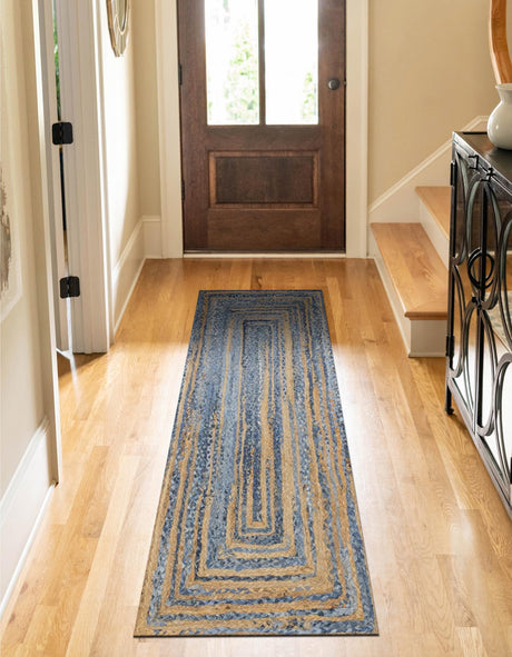 Blue and Natural 2' 6 x 6' 1 Braided Chindi Runner Area Rug 100% Cotton Hand Braided Natural Eco-Friendly Boho Style Modern Carpet for Living Rooms Dining Office Dorm for Sale at Rug Engine