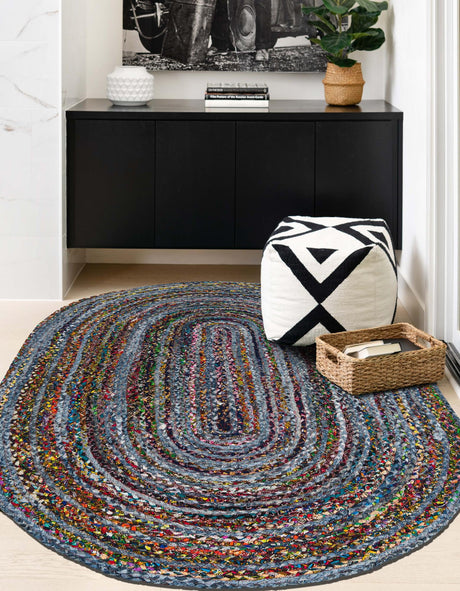 Blue and Multicolor 3' 3 x 5' 1 Braided Chindi Oval Area Rug 100% Cotton Hand Braided Natural Eco-Friendly Boho Style Modern Carpet for Living Rooms Dining Office Dorm for Sale at Rug Engine