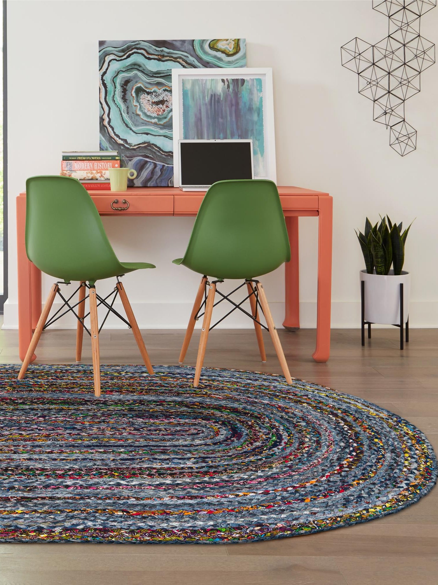 Blue and Multicolor 5' 1 x 8' Braided Chindi Oval Area Rug 100% Cotton Hand Braided Natural Eco-Friendly Boho Style Modern Carpet for Living Rooms Dining Office Dorm for Sale at Rug Engine
