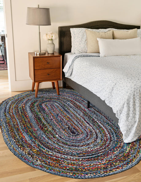 Blue and Multicolor 3' 3 x 5' 1 Braided Chindi Oval Area Rug 100% Cotton Hand Braided Natural Eco-Friendly Boho Style Modern Carpet for Living Rooms Dining Office Dorm for Sale at Rug Engine