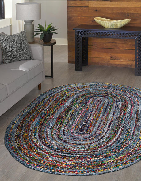 Blue and Multicolor 3' 3 x 5' 1 Braided Chindi Oval Area Rug 100% Cotton Hand Braided Natural Eco-Friendly Boho Style Modern Carpet for Living Rooms Dining Office Dorm for Sale at Rug Engine