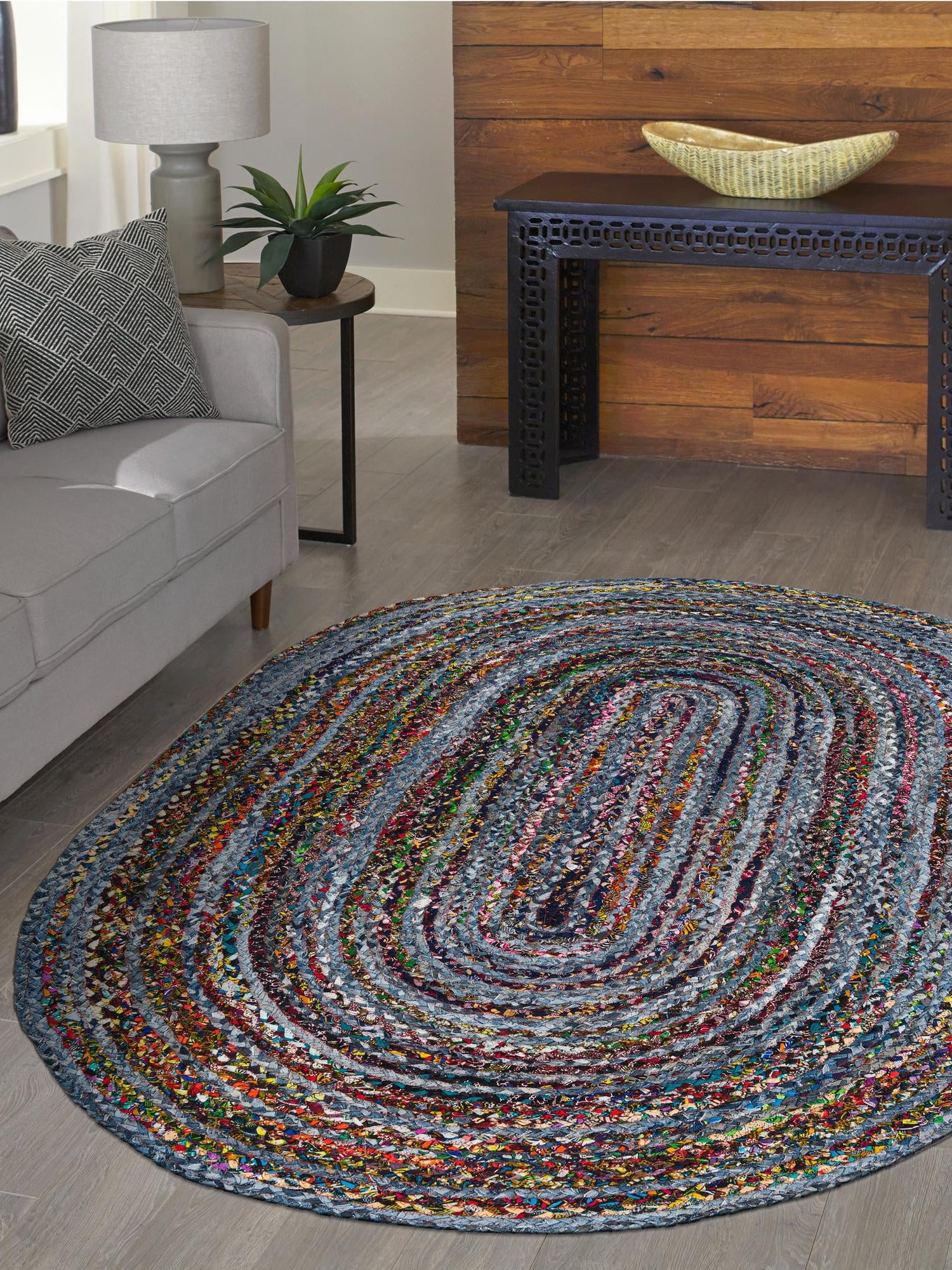 Blue and Multicolor 8' x 10' Braided Chindi Oval Area Rug 100% Cotton Hand Braided Natural Eco-Friendly Boho Style Modern Carpet for Living Rooms Dining Office Dorm for Sale at Rug Engine