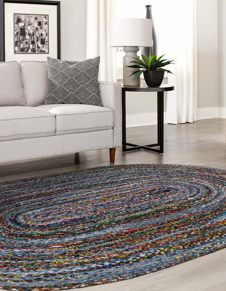 Blue and Multicolor 8' x 10' Braided Chindi Oval Area Rug 100% Cotton Hand Braided Natural Eco-Friendly Boho Style Modern Carpet for Living Rooms Dining Office Dorm for Sale at Rug Engine