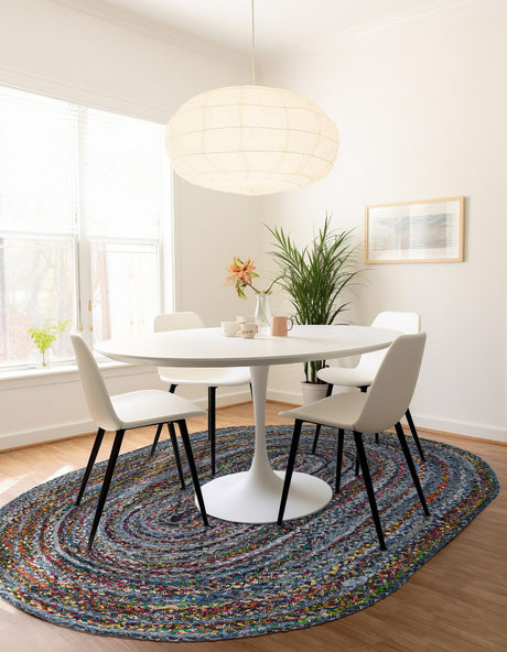 Blue and Multicolor 8' x 10' Braided Chindi Oval Area Rug 100% Cotton Hand Braided Natural Eco-Friendly Boho Style Modern Carpet for Living Rooms Dining Office Dorm for Sale at Rug Engine