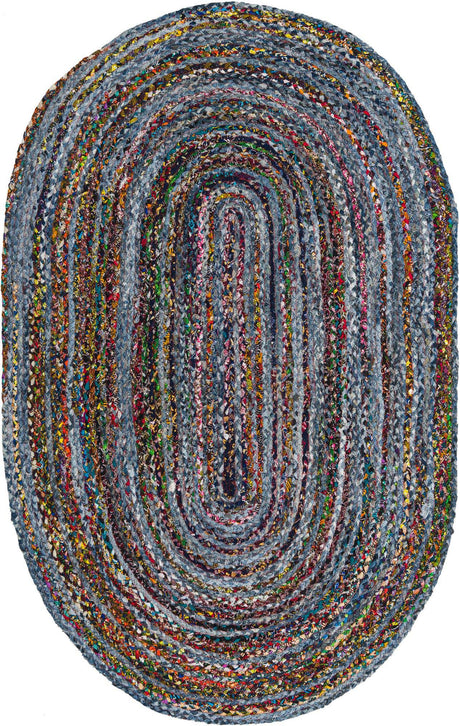 Blue and Multicolor 5' 1 x 8' Braided Chindi Oval Rug