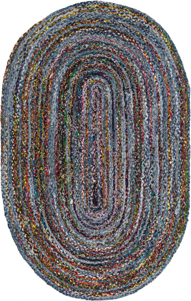 Blue and Multicolor 5' 1 x 8' Braided Chindi Oval Rug