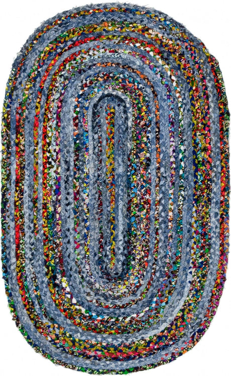 Blue and Multicolor 3' 3 x 5' 1 Braided Chindi Oval Rug