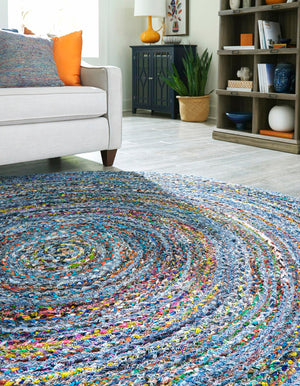 Blue and Multicolor 3' 3 x 3' 3 Braided Chindi Round Rug