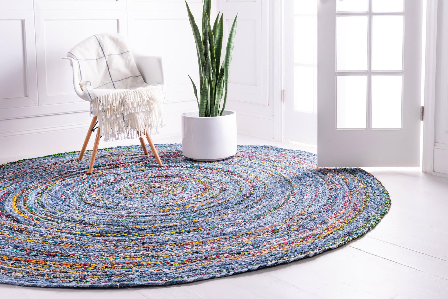 Blue and Multicolor 8' x 8' Braided Chindi Round Area Rug 100% Cotton Hand Braided Natural Eco-Friendly Boho Style Modern Carpet for Living Rooms Dining Office Dorm for Sale at Rug Engine
