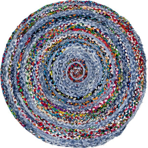 Blue and Multicolor 3' 3 x 3' 3 Braided Chindi Round Rug