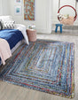 Blue and Multicolor 4' 1 x 6' 1 Braided Chindi Rectangle Area Rug 100% Cotton Hand Braided Natural Eco-Friendly Boho Style Modern Carpet for Living Rooms Dining Office Dorm for Sale at Rug Engine
