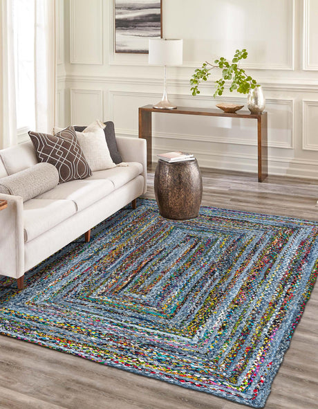 Blue and Multicolor 6' 1 x 9' Braided Chindi Rectangle Area Rug 100% Cotton Hand Braided Natural Eco-Friendly Boho Style Modern Carpet for Living Rooms Dining Office Dorm for Sale at Rug Engine