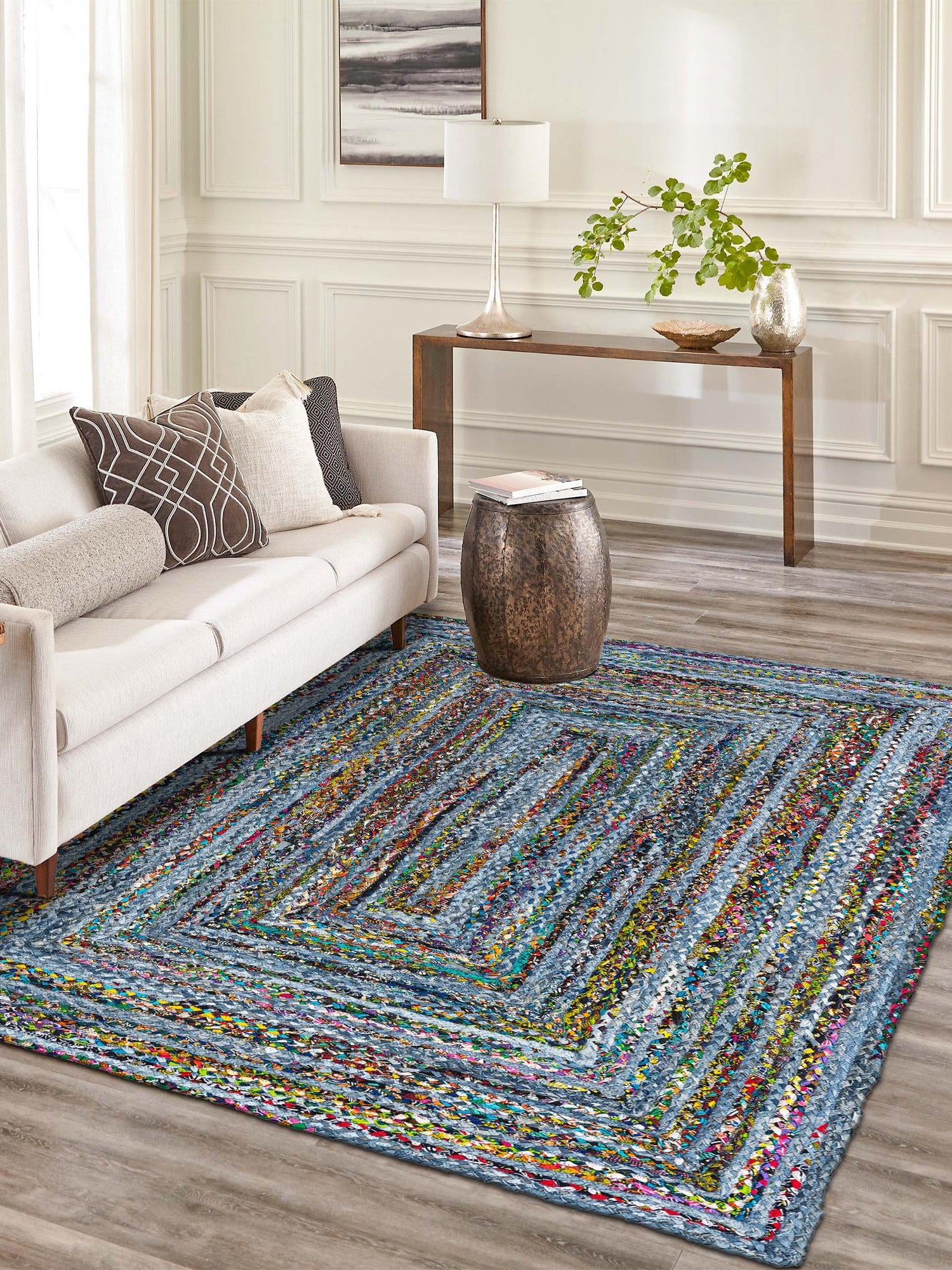 Blue and Multicolor 2' x 3' 1 Braided Chindi Rectangle Area Rug 100% Cotton Hand Braided Natural Eco-Friendly Boho Style Modern Carpet for Living Rooms Dining Office Dorm for Sale at Rug Engine