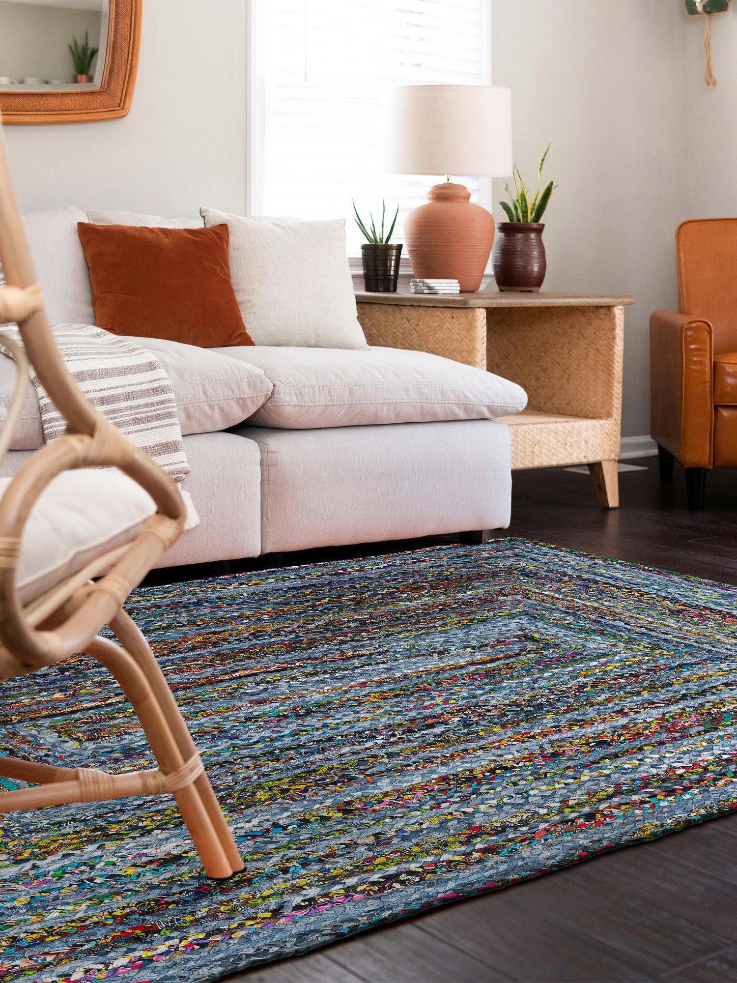 Blue and Multicolor 2' x 3' 1 Braided Chindi Rectangle Area Rug 100% Cotton Hand Braided Natural Eco-Friendly Boho Style Modern Carpet for Living Rooms Dining Office Dorm for Sale at Rug Engine