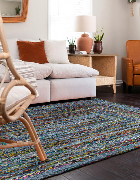 Blue and Multicolor 2' x 3' 1 Braided Chindi Rectangle Area Rug 100% Cotton Hand Braided Natural Eco-Friendly Boho Style Modern Carpet for Living Rooms Dining Office Dorm for Sale at Rug Engine