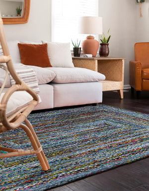 Blue and Multicolor 4' 1 x 6' 1 Braided Chindi Rectangle Area Rug 100% Cotton Hand Braided Natural Eco-Friendly Boho Style Modern Carpet for Living Rooms Dining Office Dorm for Sale at Rug Engine
